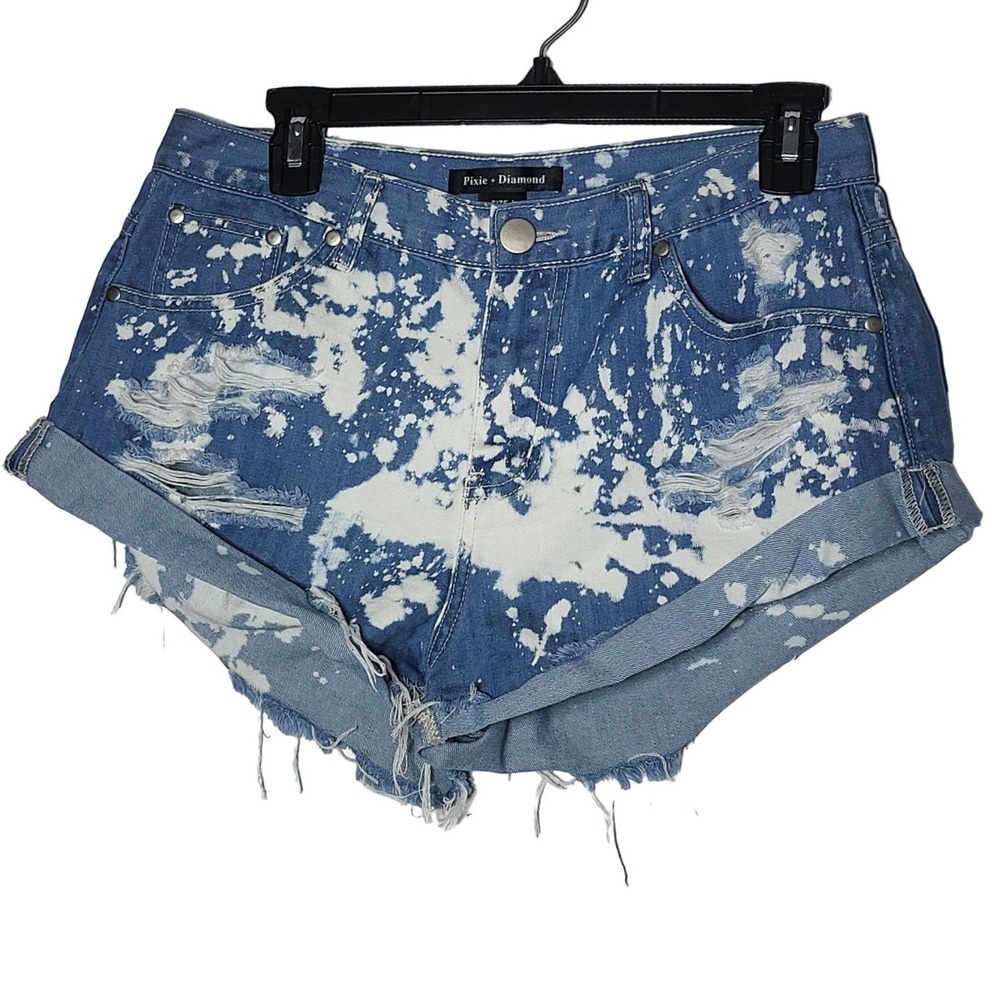 Pixie + Diamond Women Bleach Splatter Distressed Denim Shorts Large Indie Grunge